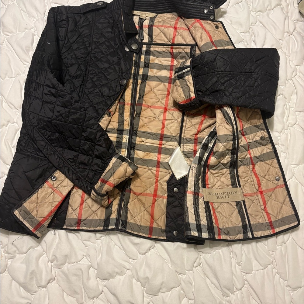 Burberry Black Quilted Jacket with Beige Plaid Interior